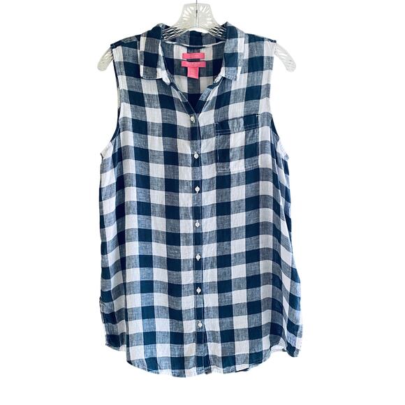 Navy Blue Gingham Checked Linen Button Down Shirt M Sleeveless Isaac Mizrahi - Picture 1 of 11
